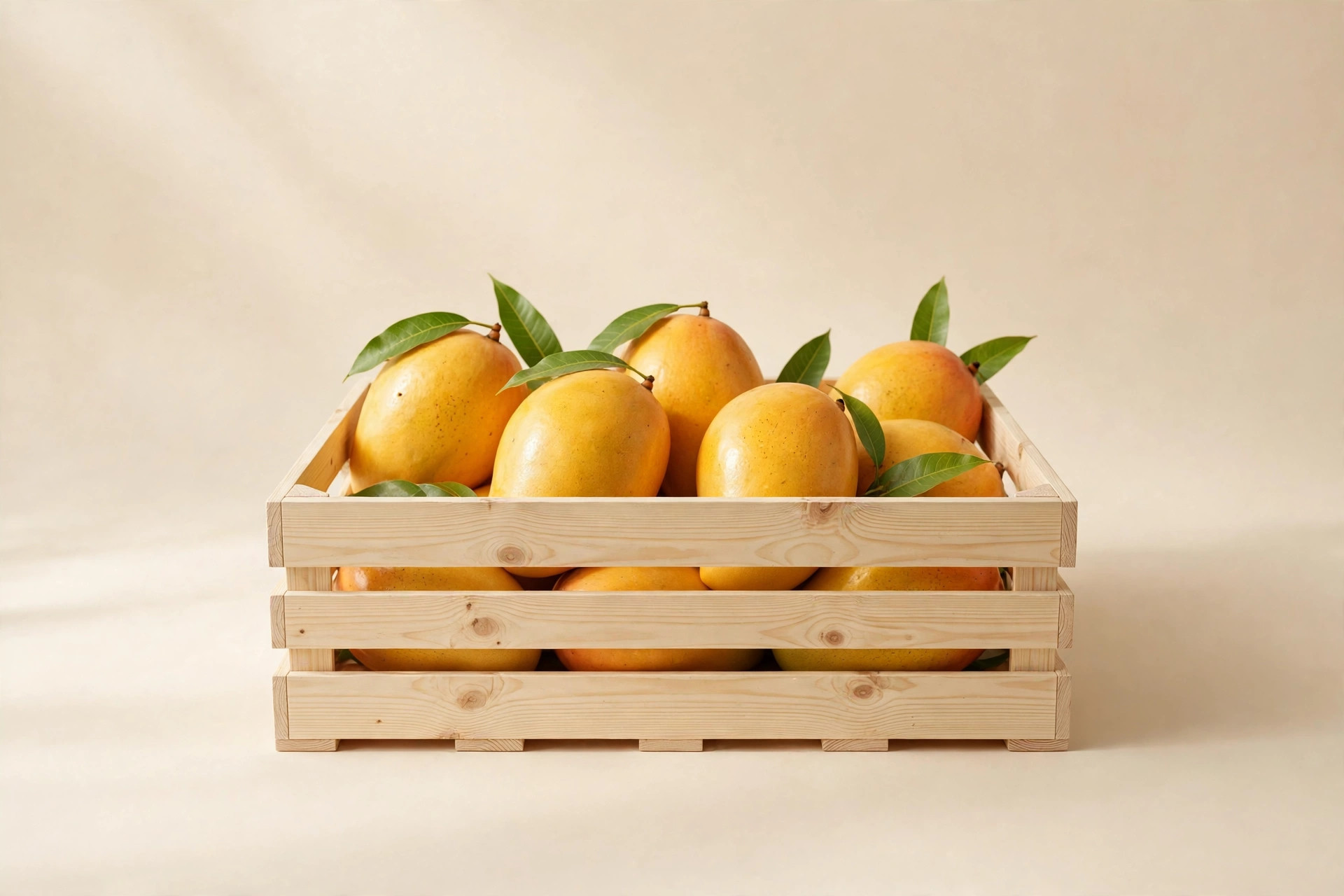 Golden Alphonso mangoes in a wooden crate