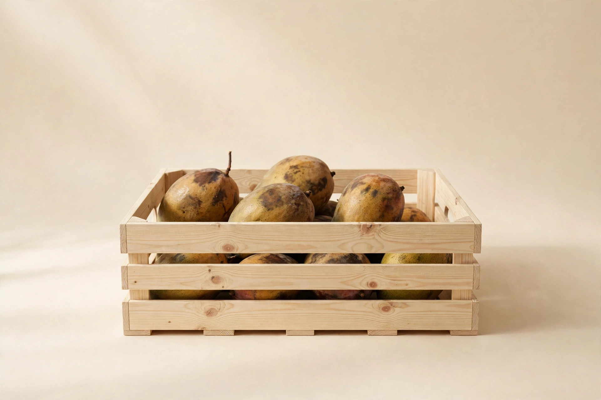 Dull bruised mangoes in the same wooden crate